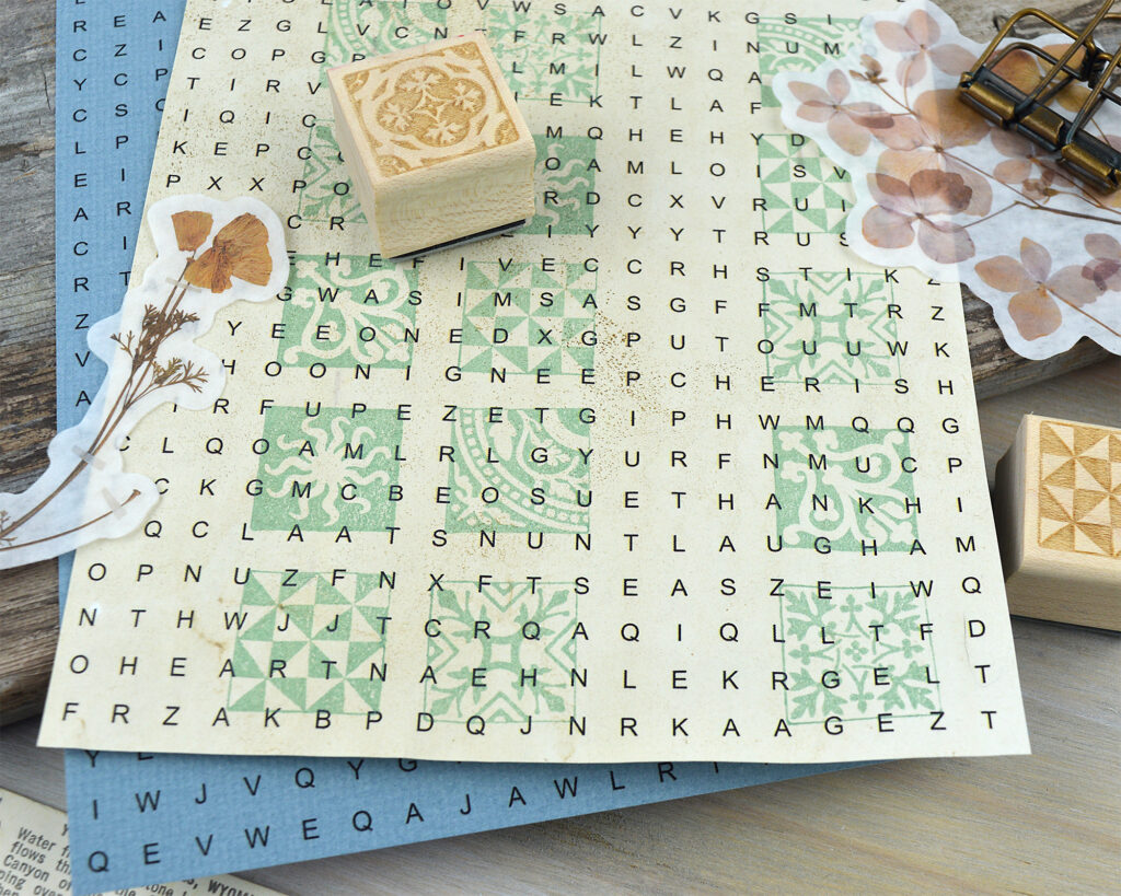 printed puzzles with patterns stamped over them